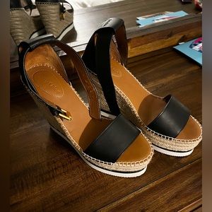 See by Chloe Women's Wedge Heeled Glyn Espadrille Black Leather Sandals